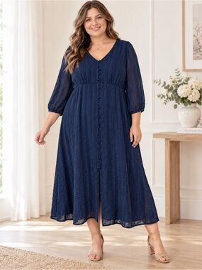 LC Lauren Conrad Mineral Navy Button Front Midi Dress XXL NWT